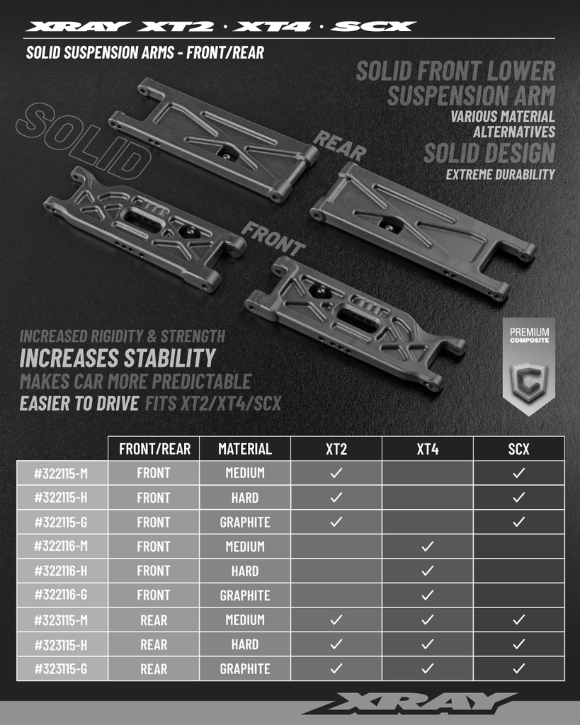 XT2 COMPOSITE SUSPENSION ARM REAR LOWER - SOLID - GRAPHITE - X323115-G