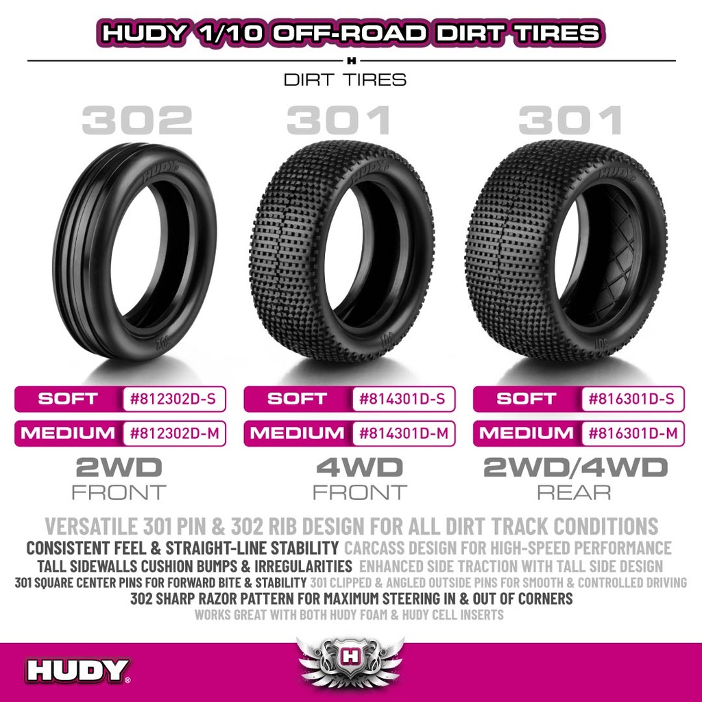 HUDY 1/10 OFF-ROAD TIRE 2WD/4WD REAR DIRT - 301 - SOFT (2) - H816301D-S